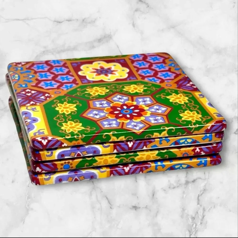 Ceramic Tile Coasters Colorful Talavera-Style Geometric Drink Floral Boho Set 4